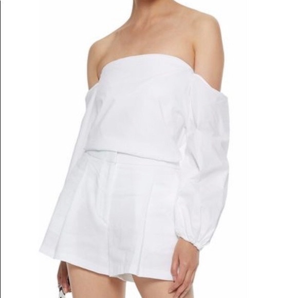 Theory LAUREEMA Off Shoulder BuildIn Bra Poplin White Top Ballon Puff Sleeve - Picture 7 of 16